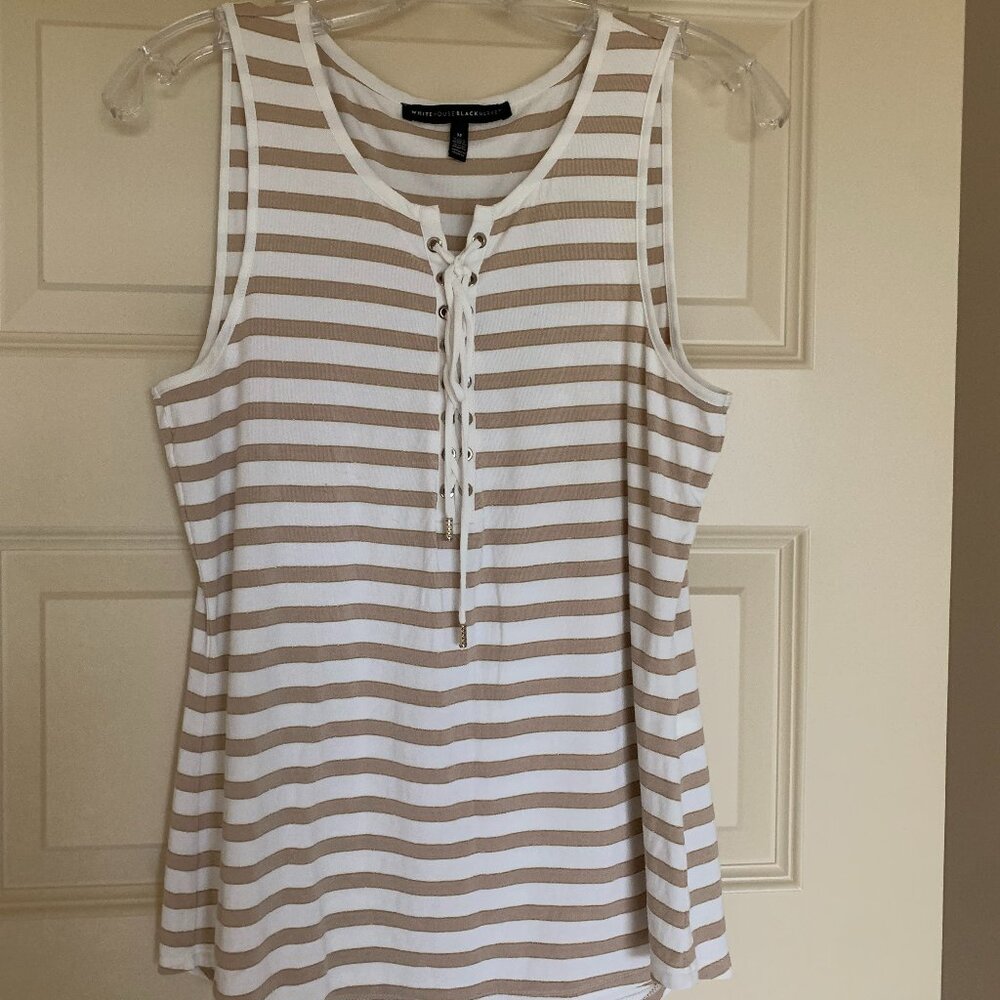 White House Black Market White and Beige Striped Lace-Up Tank Top